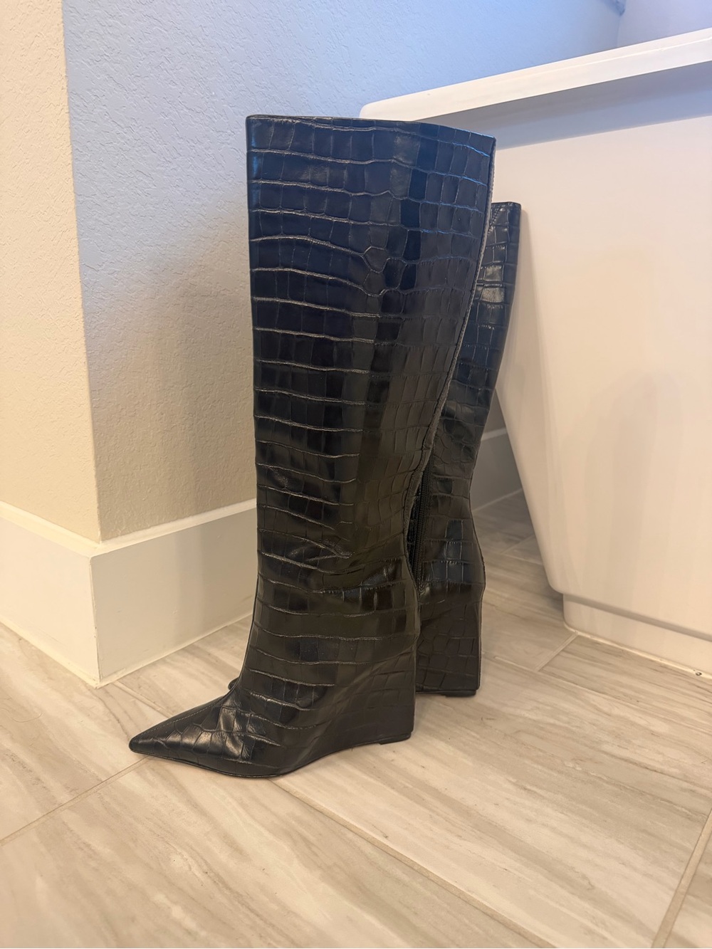 Women's Black Croc-Embossed Over-the-Knee Pointed Wedge Boots